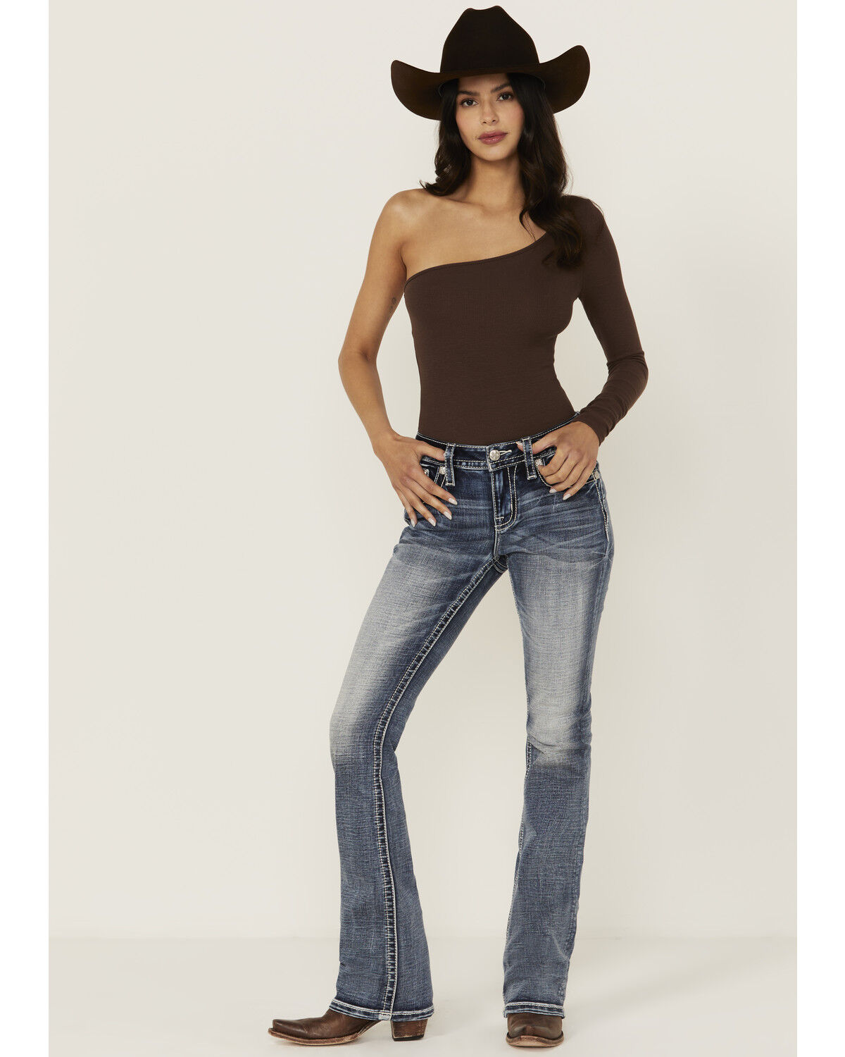 Miss Me Women's Medium Wash Mid Rise Floral Yoke Bootcut Stretch Denim Jeans