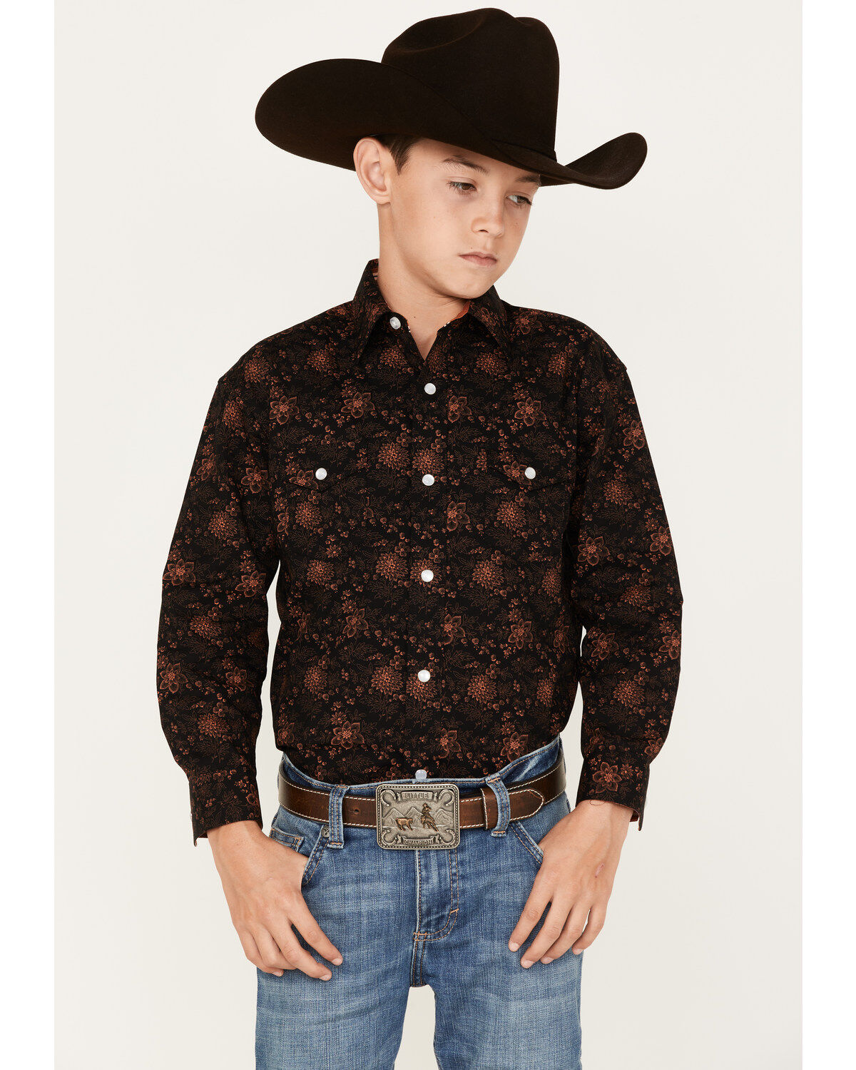 Panhandle Boys' Floral Print Long Sleeve Pearl Snap Western Shirt