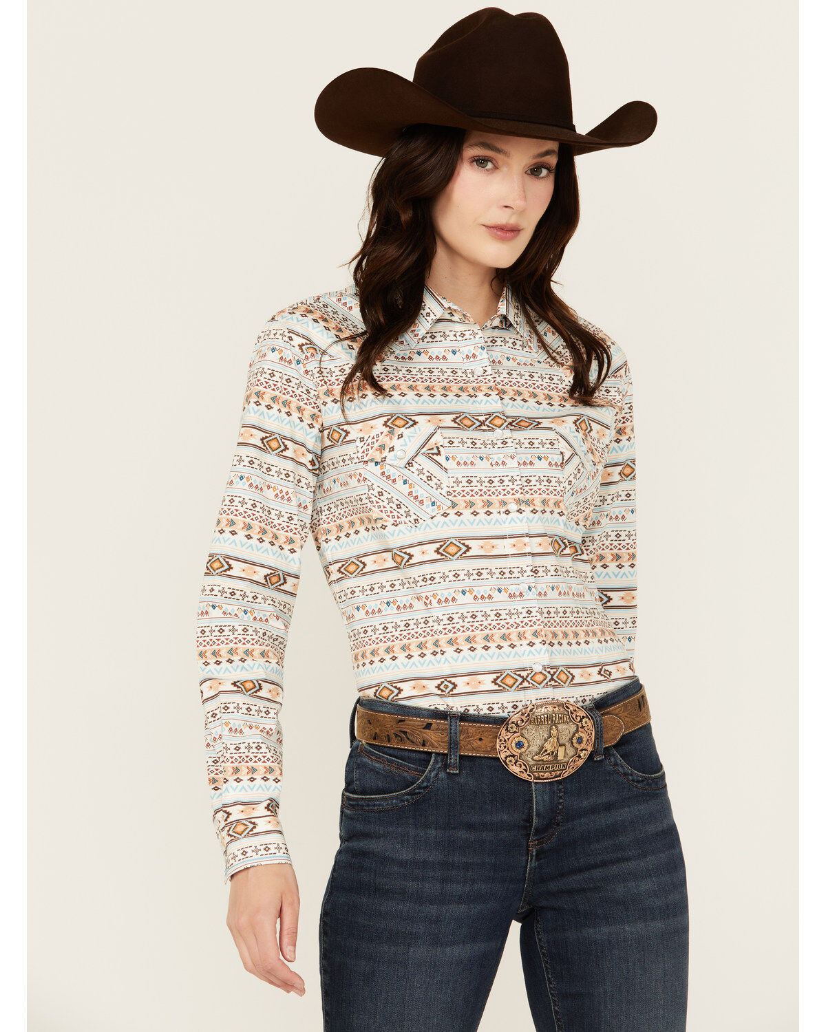 Rough Stock by Panhandle Women's Southwestern Striped Long Sleeve Pearl Snap Stretch Western Shirt