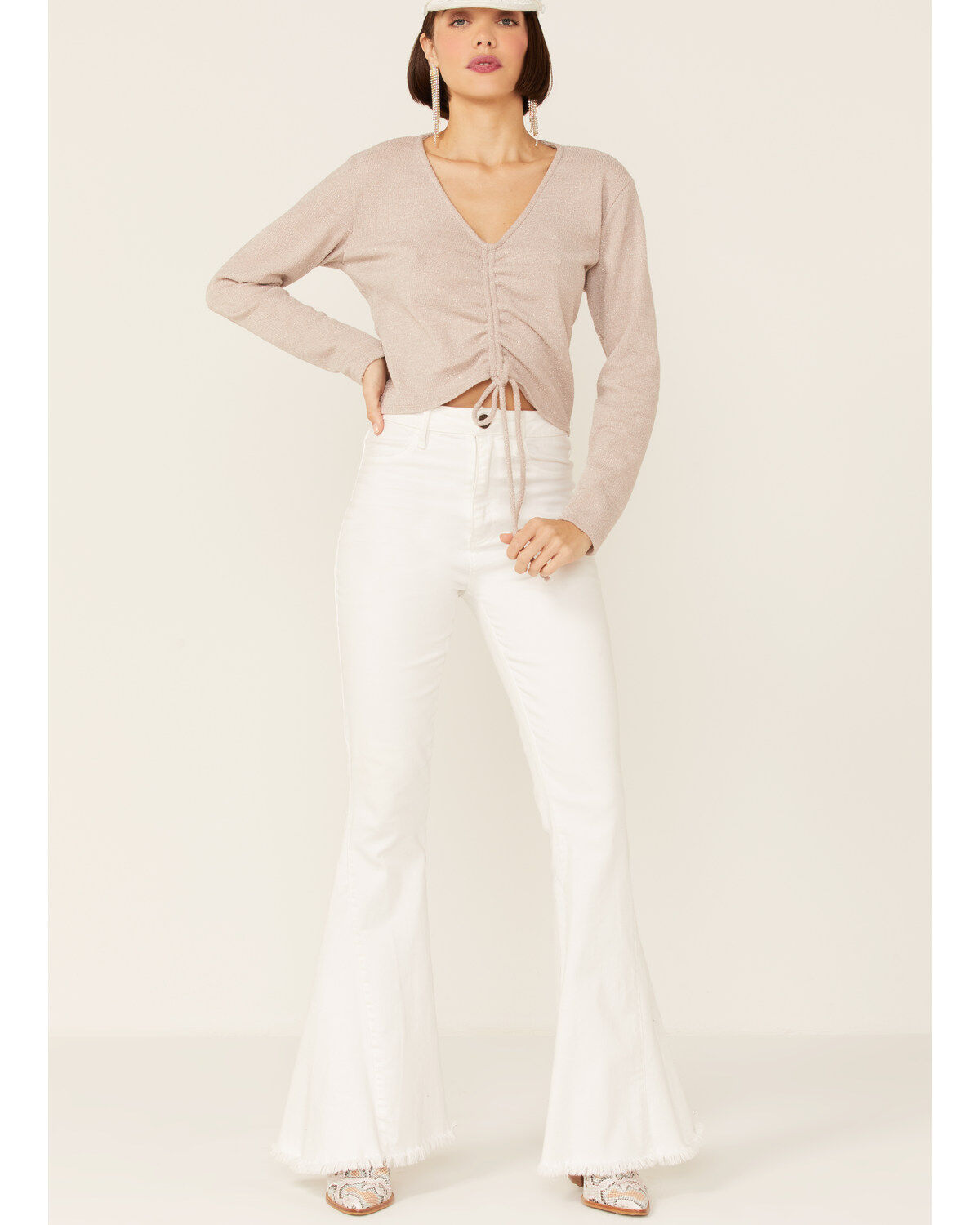 Wild Moss Women's Ribbed Lurex Cinch Front Knit Top