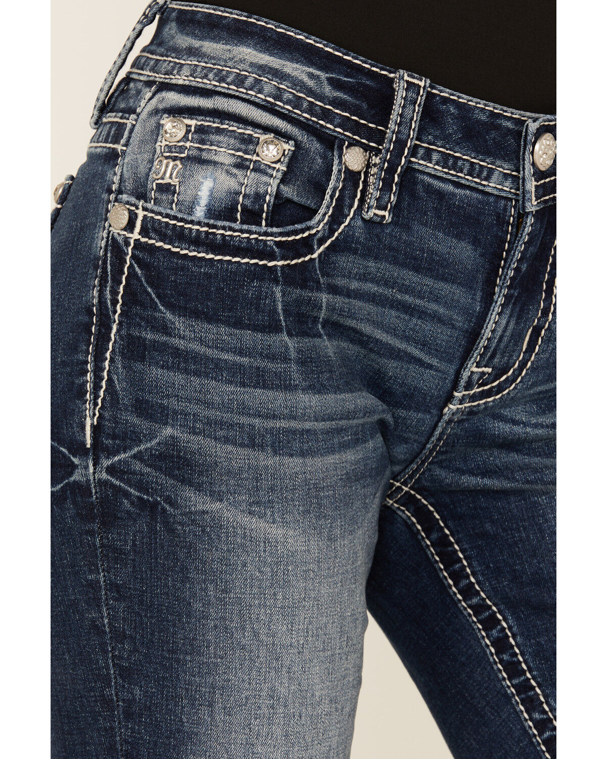 Miss Me Women's Dark Wash Mid Rise Geo Pocket Bootcut Stretch Denim Jeans