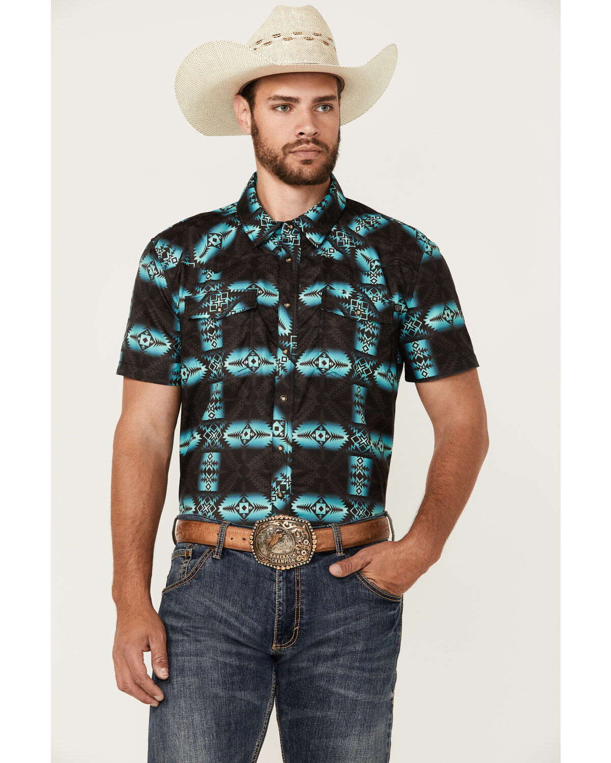 Rock & Roll Denim Men's Tek Southwestern Print Short Sleeve Pearl Snap Western Shirt