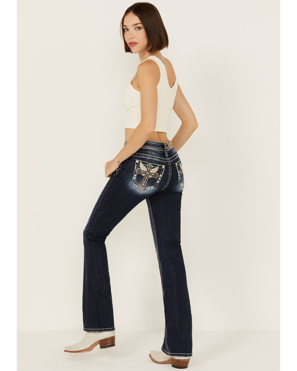 Miss Me Women's Dark Wash Mid Rise Angel Wing Cross Pocket Bootcut Stretch Denim Jeans