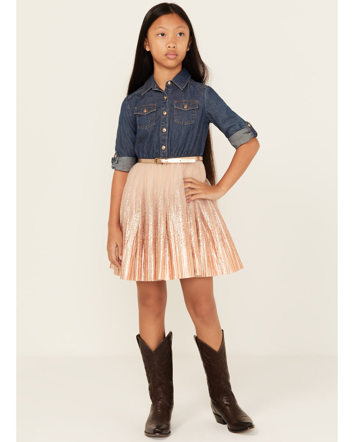 Sugar California Girls' Metallic Denim Quarter Sleeve Dress