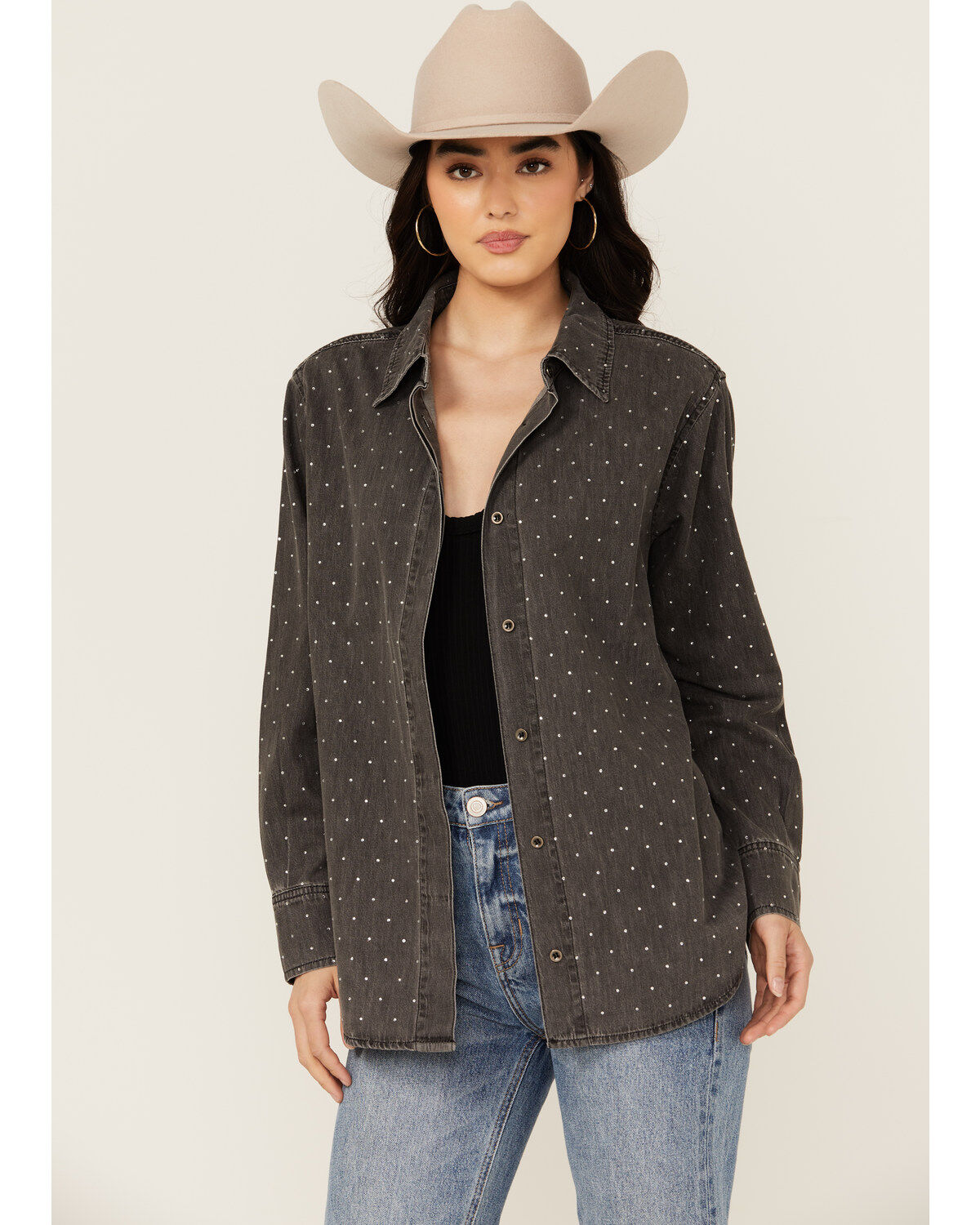 Blue B Women's Solid Rhinestone Long Sleeve Button-Down Shirt