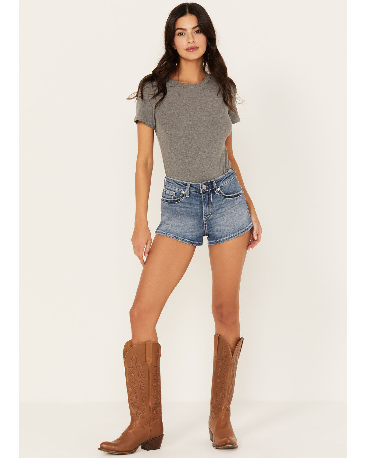 Shyanne Women's Medium Wash Mid Rise Embellished Stretch Denim Shorts