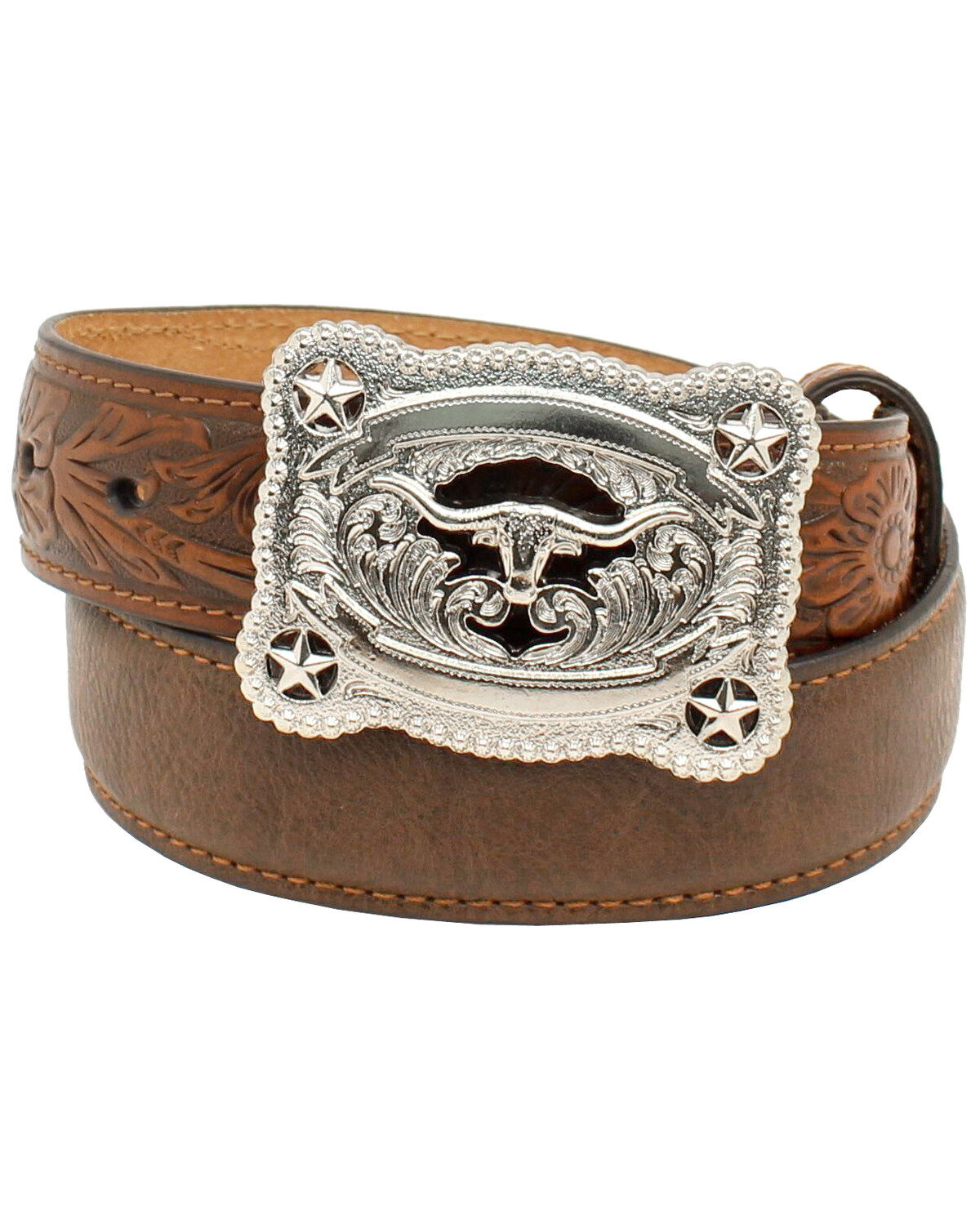 Nocona Belt Co. Youth Western Tooled Leather Belt & Buckle