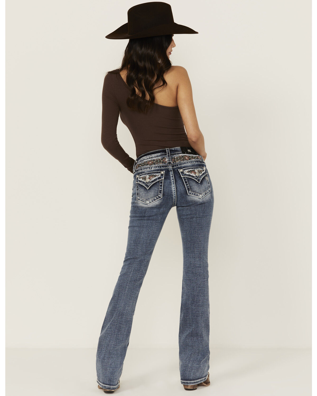Miss Me Women's Medium Wash Mid Rise Floral Yoke Bootcut Stretch Denim Jeans