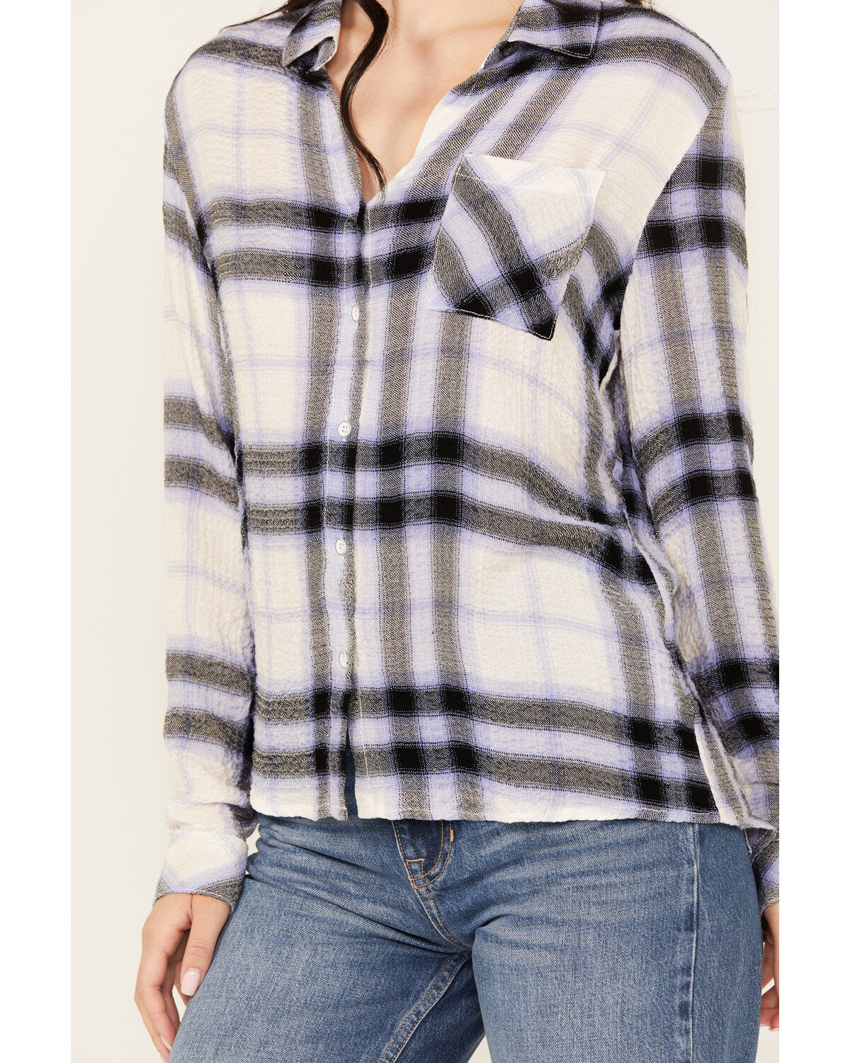 North River Women's Crinkle Ryn Lavender Plaid Shirt