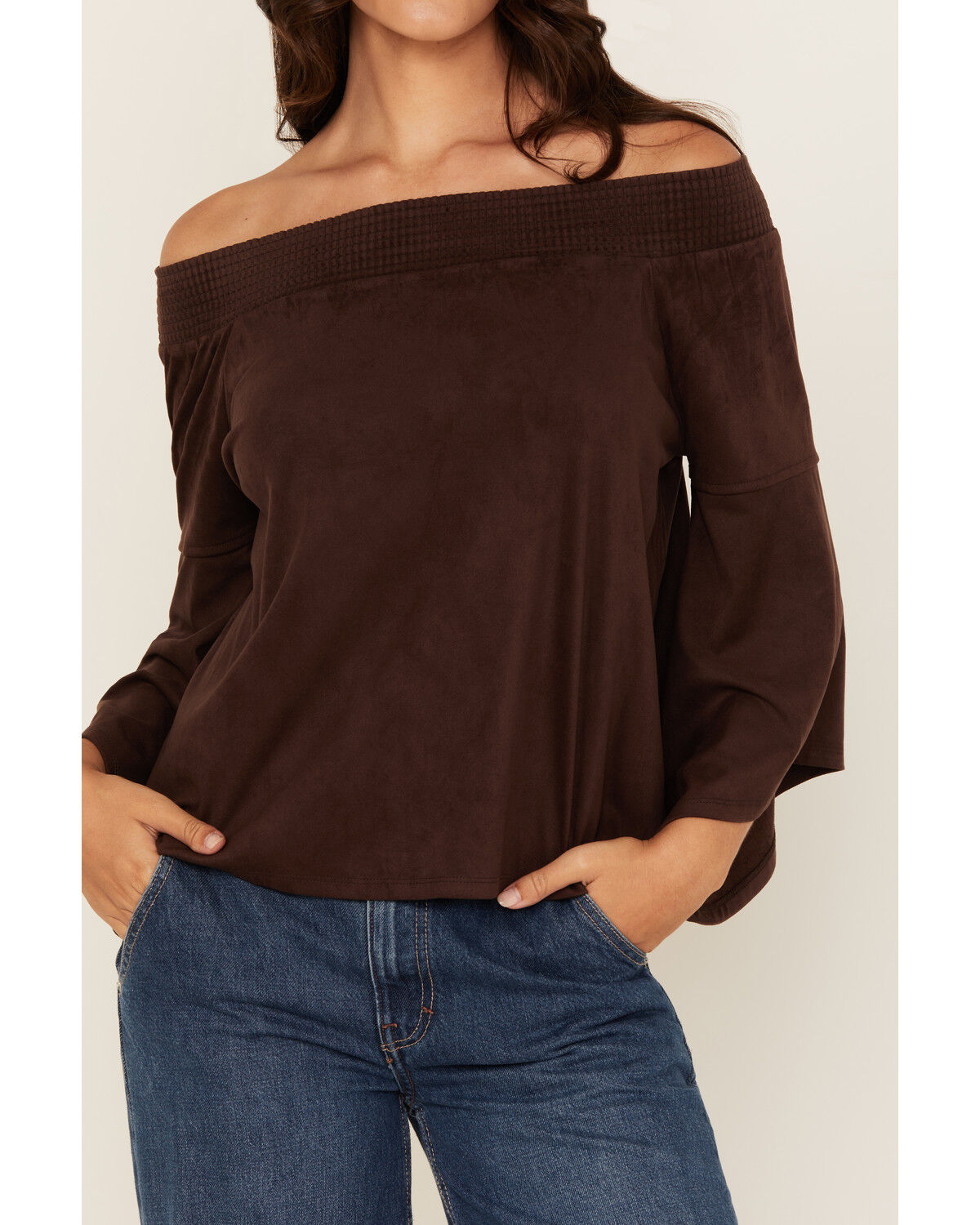 Shyanne Women's Solid Faux Suede Off The Shoulder Long Sleeve Shirt