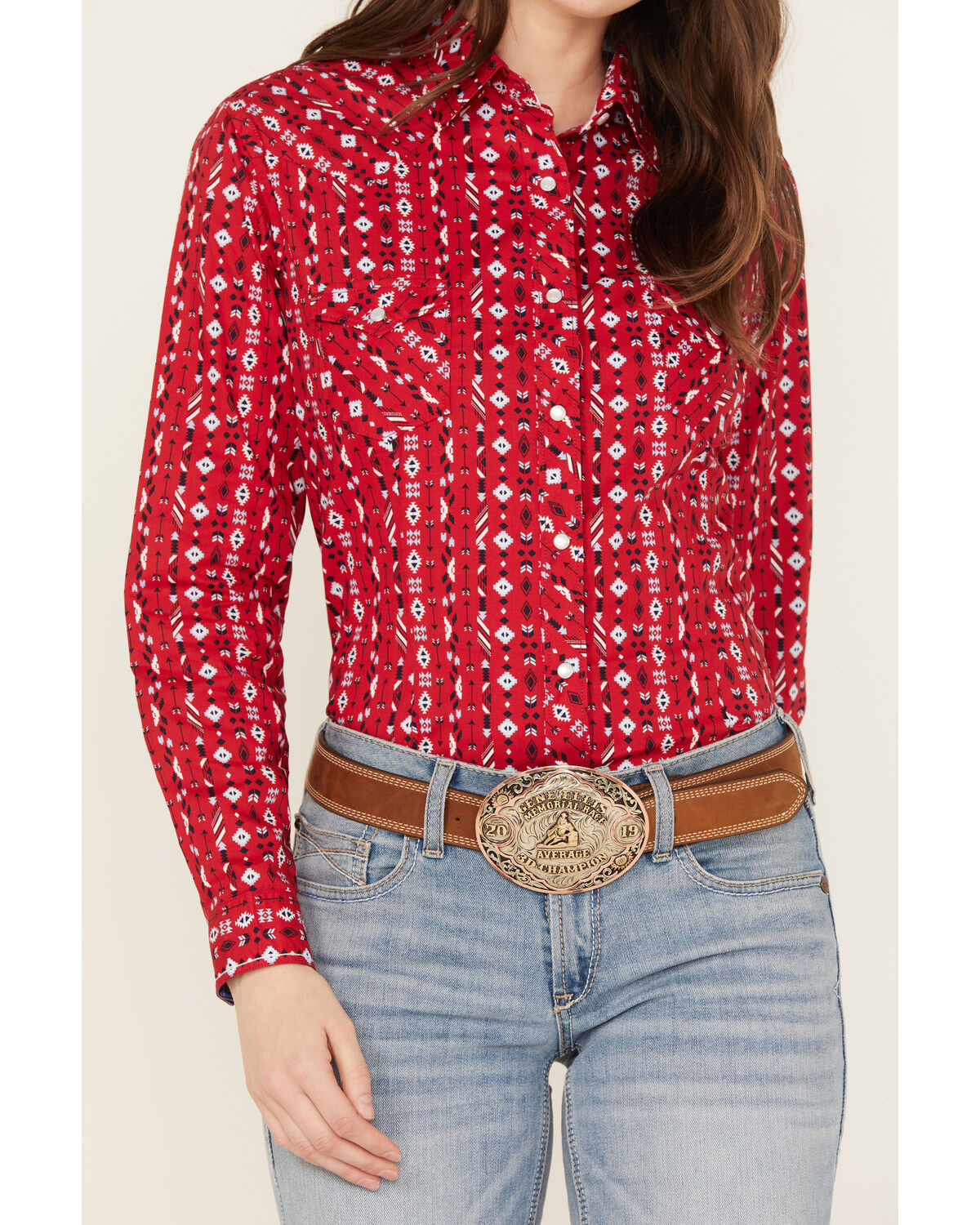 Rough Stock by Panhandle Women's Southwestern Print Long Sleeve Stretch Pearl Snap Western Shirt