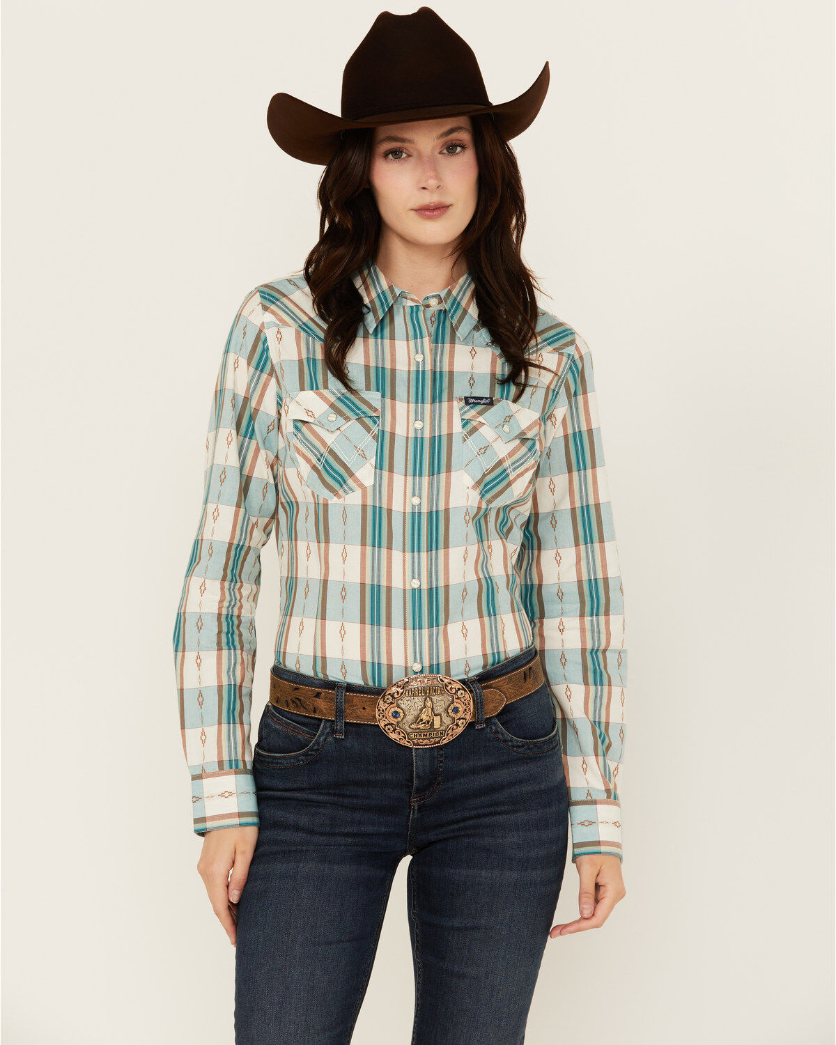 Wrangler Retro Women's Plaid Print Long Sleeve Snap Western Shirt