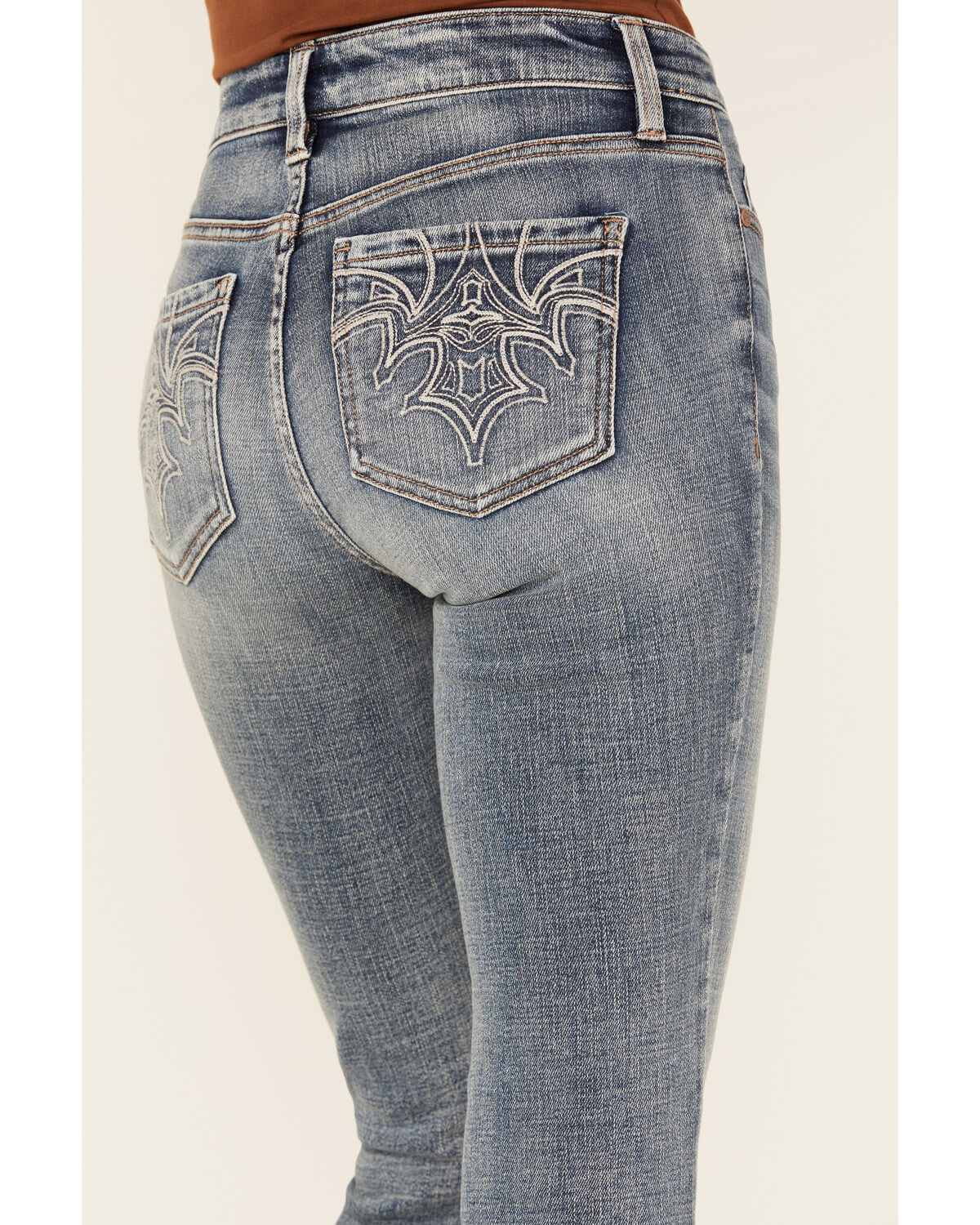Shyanne Women's Medium Wash Aria Novelty Back Pocket Mid Rise Bootcut Stretch Denim Jeans