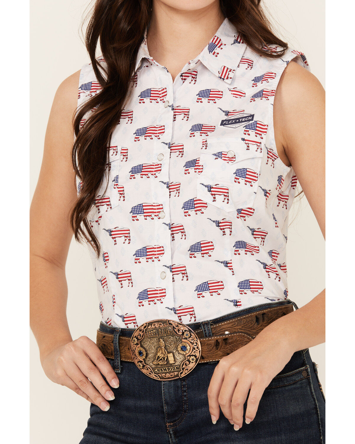 Rough Stock by Panhandle Women's American Flag Sleeveless Pearl Snap Stretch Western Shirt