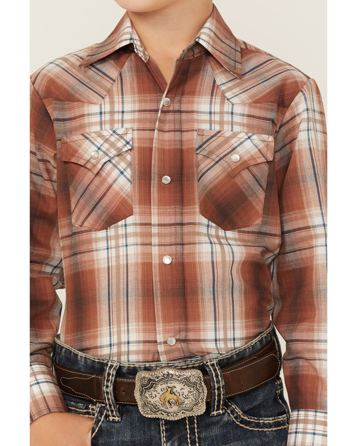 Ely Walker Boys' Plaid Print Long Sleeve Pearl Snap Western Shirt