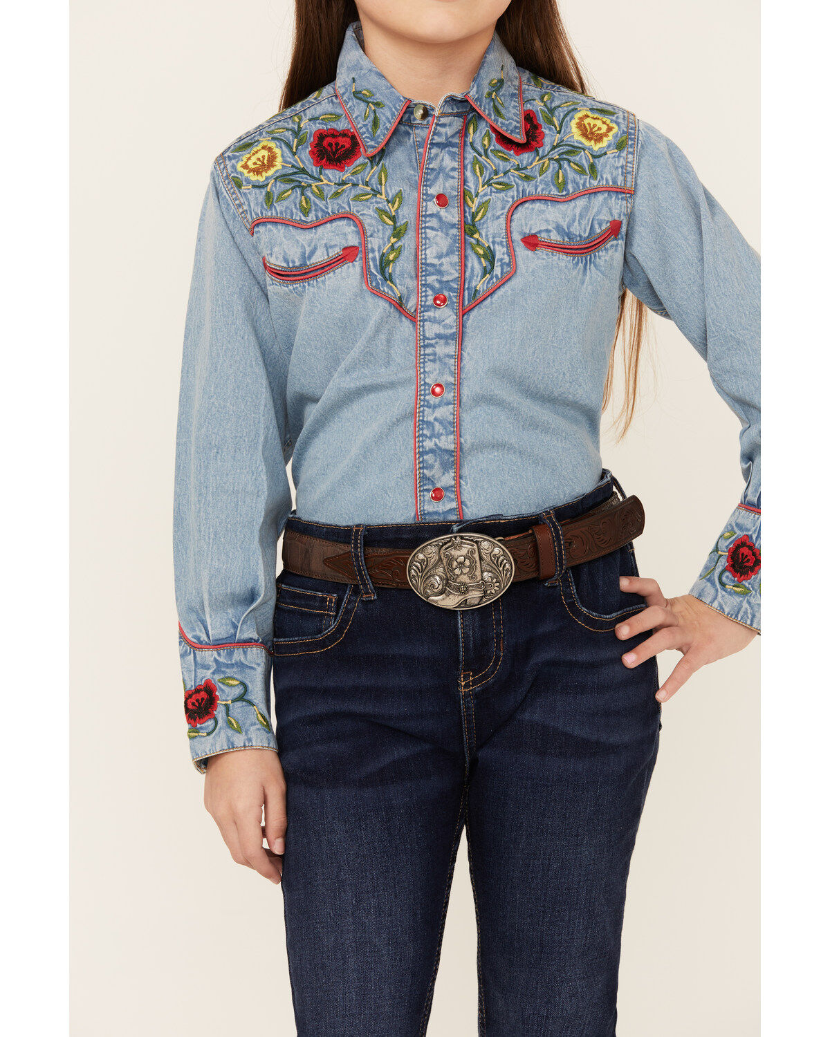 Rockmount Ranchwear Girls' Floral Yoke Long Sleeve Pearl Snap Denim Western Shirt