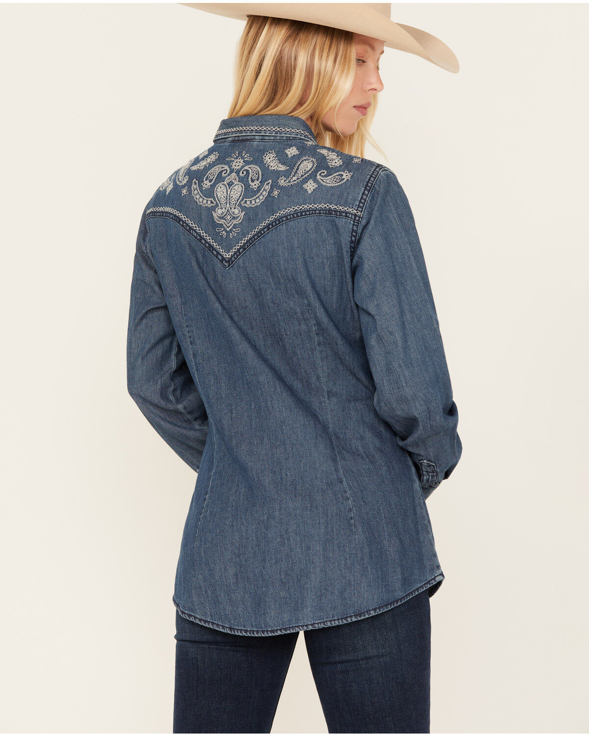 Wrangler Retro Women's Dark Wash Denim Embroidered Long Sleeve Western Shirt