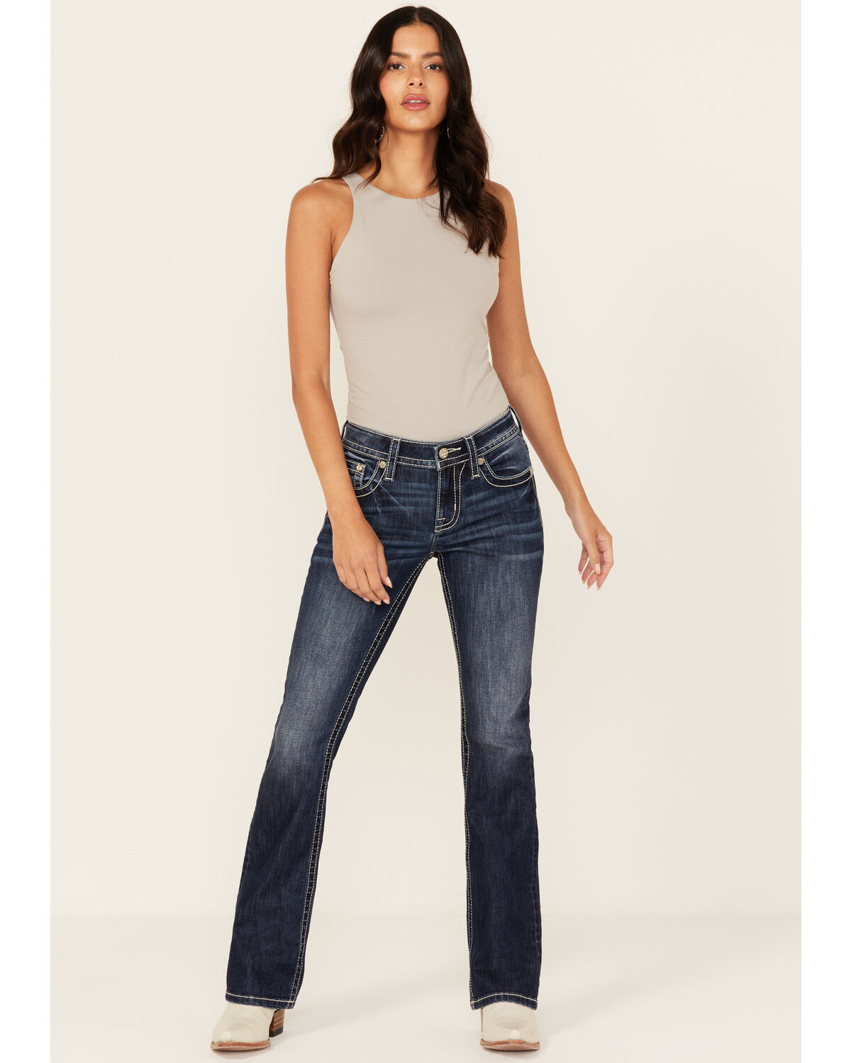 Miss Me Women's Dark Wash Mid Rise Faux Flap Pocket Bootcut Stretch Denim Jeans