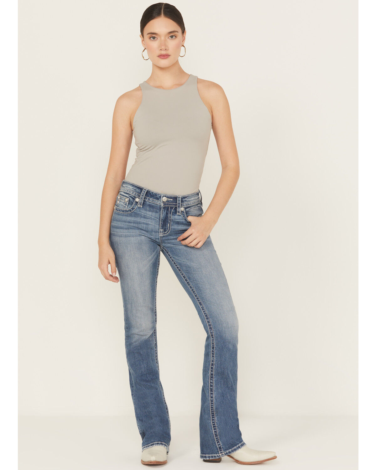 Miss Me Women's Medium Wash Mid Rise Butterfly Pocket Bootcut Stretch Denim Jeans - Long