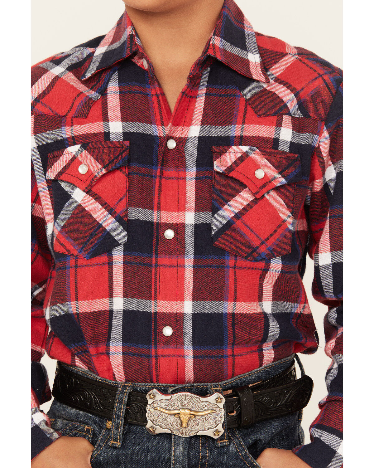 Ely Walker Boys' Plaid Print Brushed Flannel Long Sleeve Pearl Snap Western Shirt