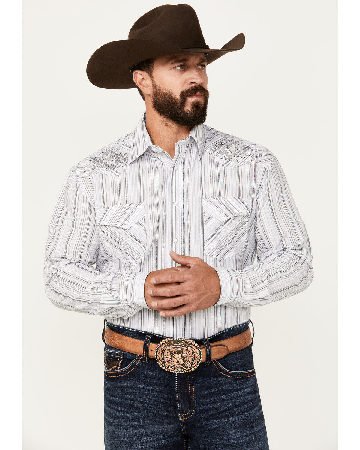 Rough Stock by Panhandle Men's Striped Print Long Sleeve Pearl Snap Western Shirt