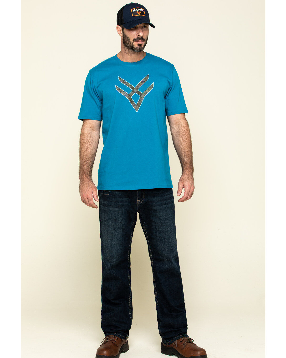 Hawx Men's Teal Fractal Camo Logo Graphic Work T-Shirt
