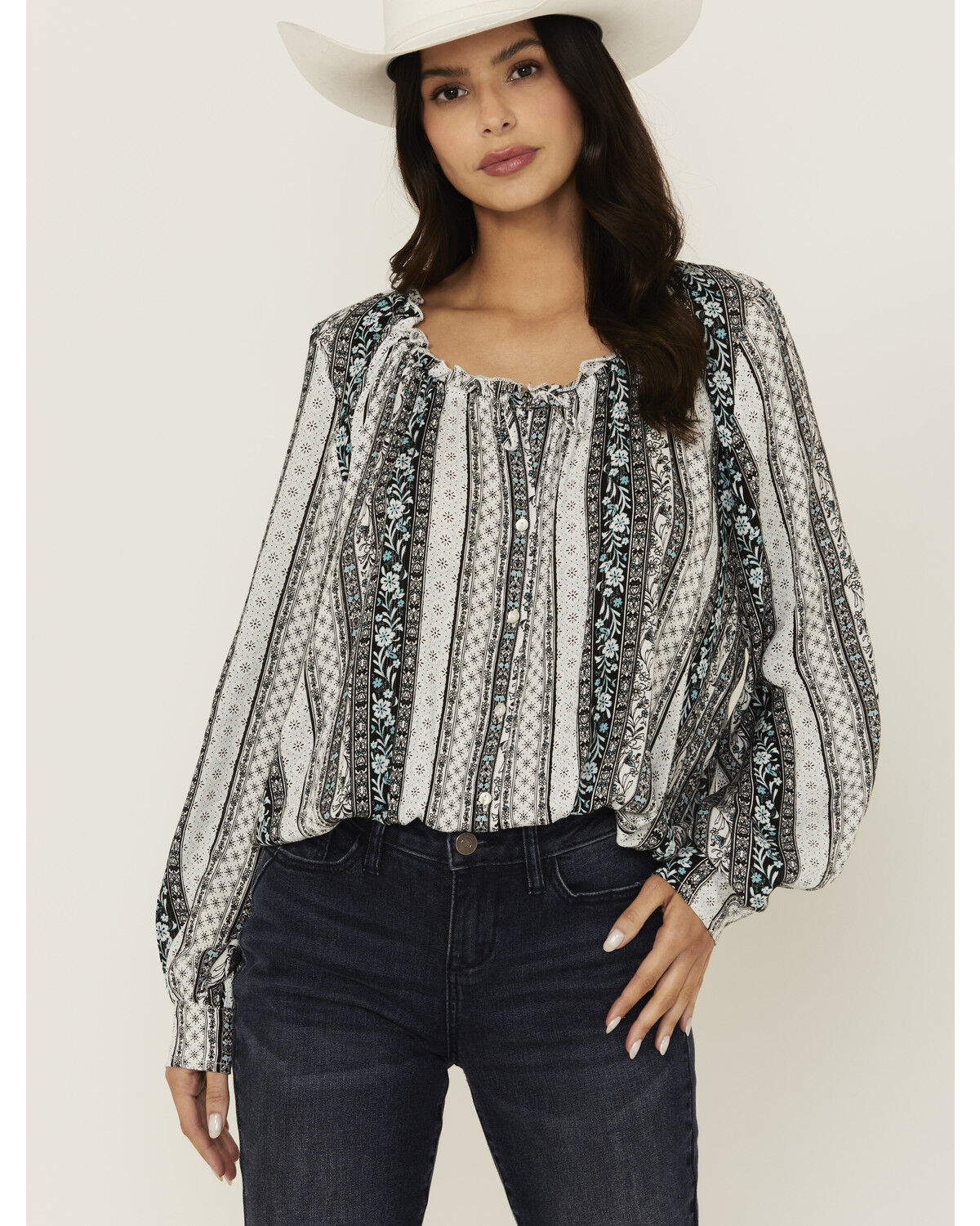 Wild Moss Women's Floral Striped Print Long Sleeve Peasant Shirt