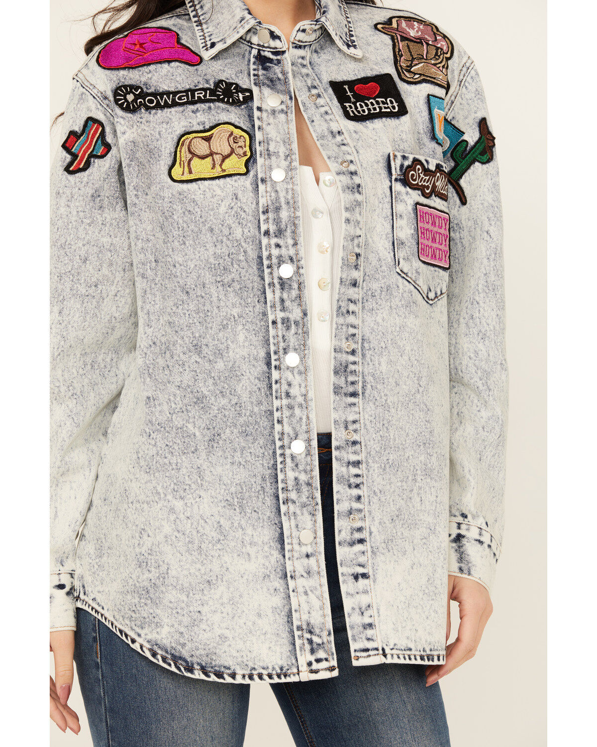Blue B Women's Western Patchwork Snap Denim Shacket