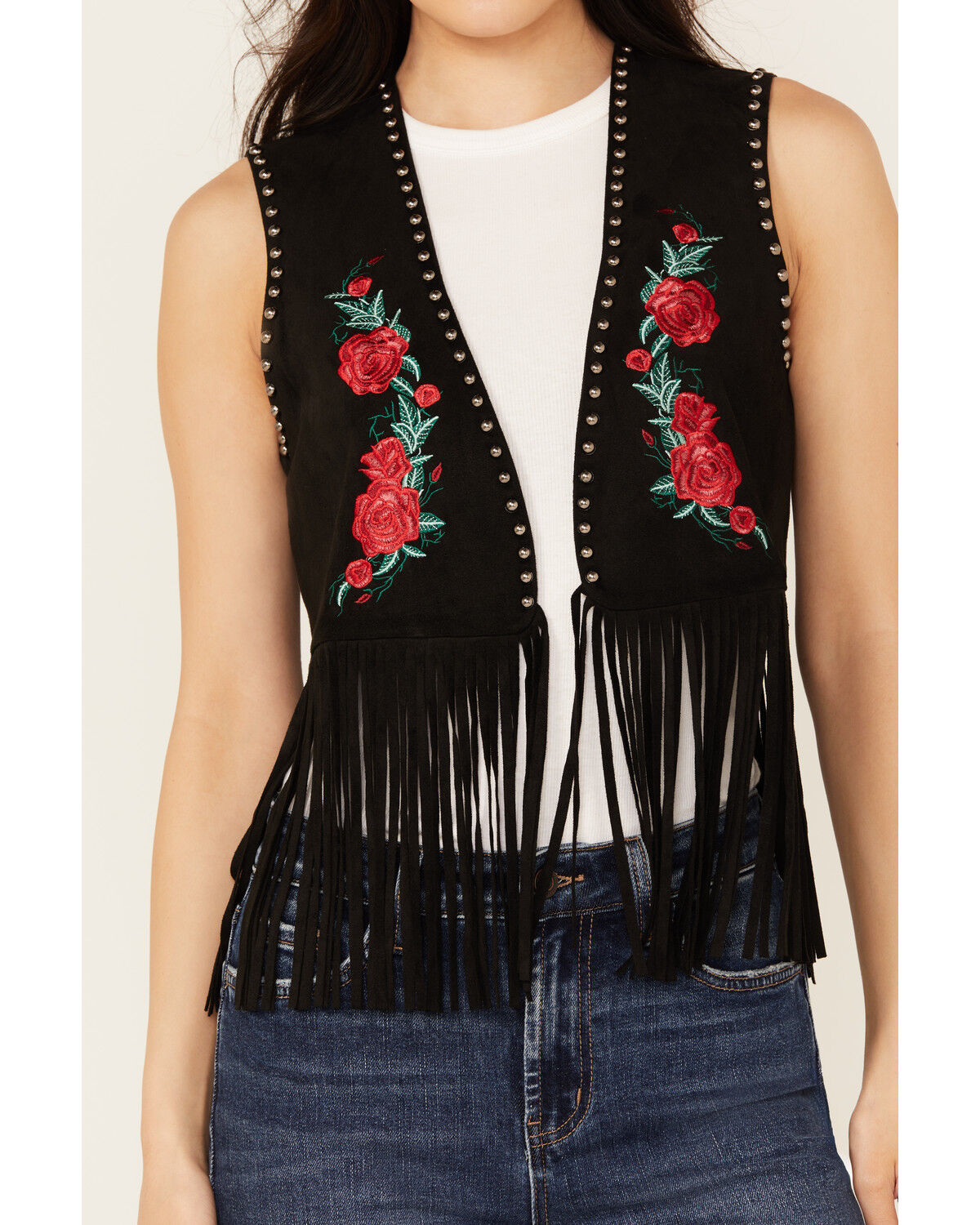 Vocal Women's Embroidered Rose Faux Suede Fringe Vest