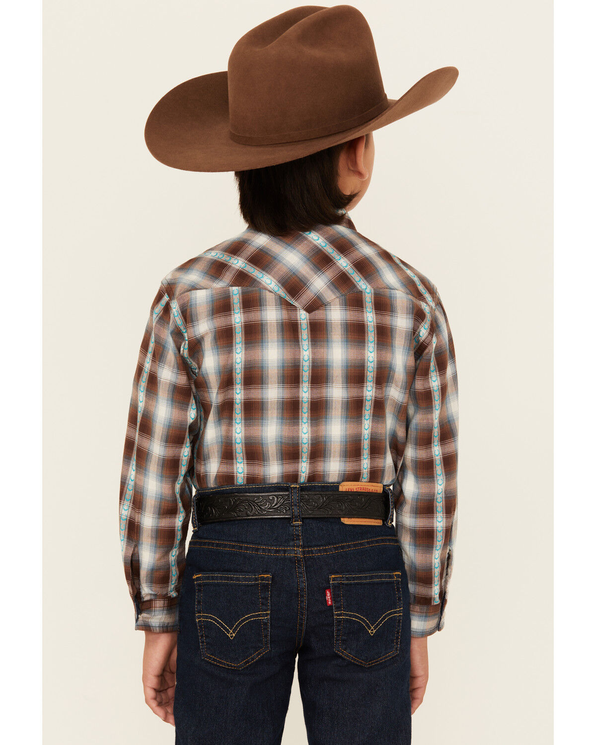 Roper Boys' Plaid Print Horseshoe Long Sleeve Snap Western Shirt