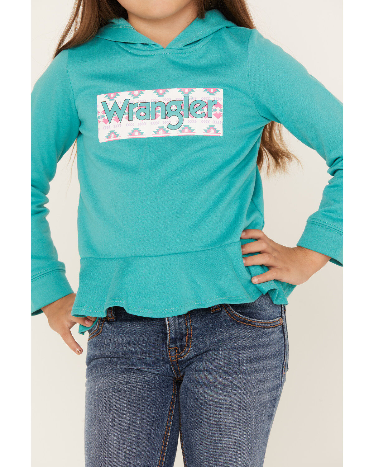 Wrangler Girls' Southwestern Logo Graphic Ruffle Hem Hoodie