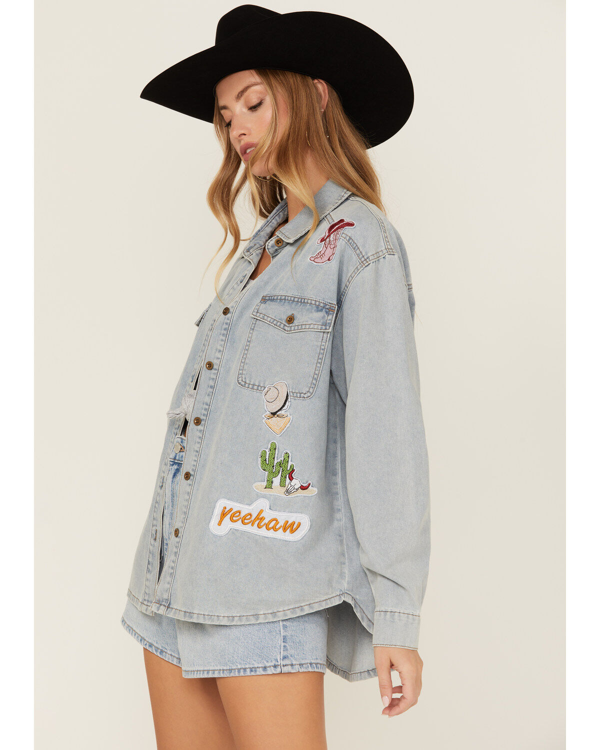Blue B Women's Light Wash Denim Western Patchwork Long Sleeve Button-Down Western Shirt