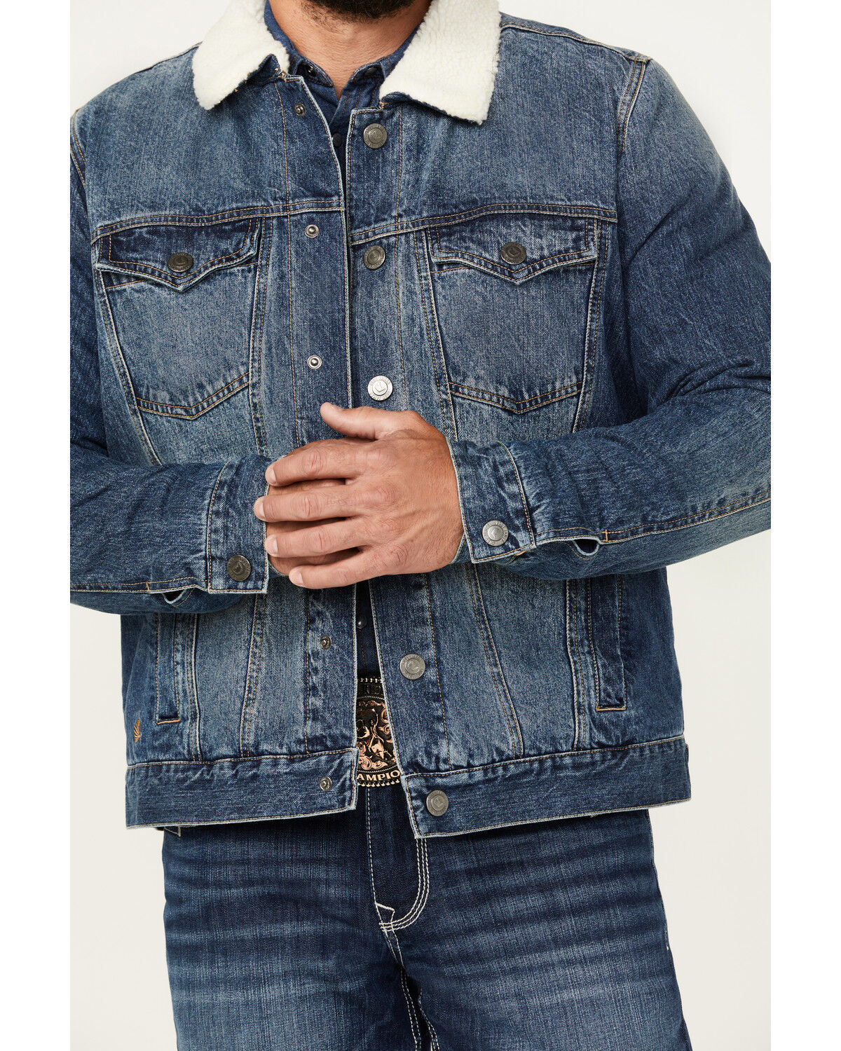 Cody James Men's Medium Wash Snap Sherpa Denim Jacket