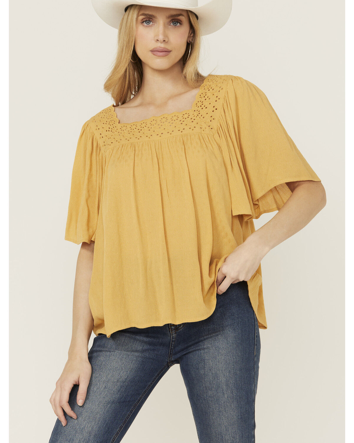 Band Of The Free Women's Solid Short Sleeve Ruffle Blouse