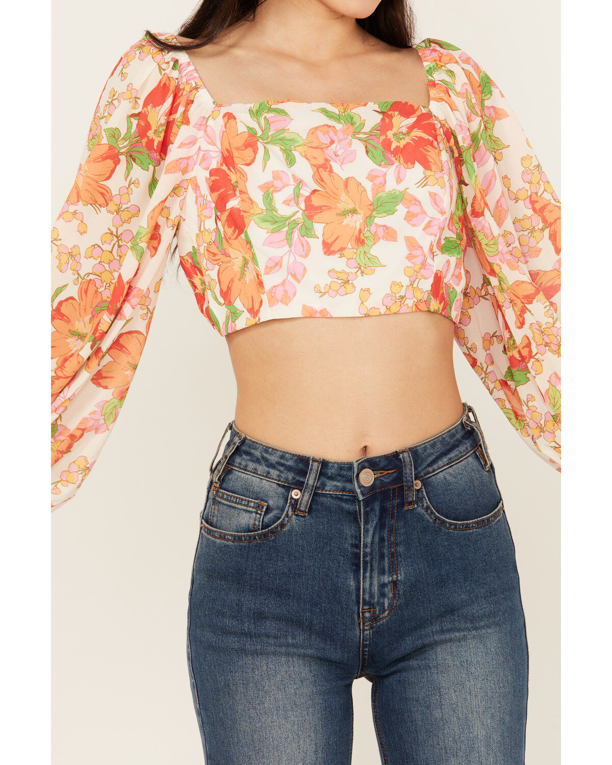 Flying Tomato Women's Floral Long Sleeve Crop Top