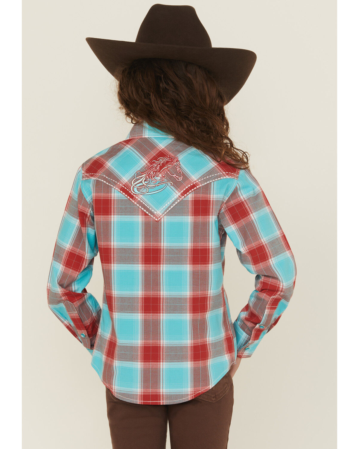 Cowgirl Hardware Girls' Plaid Print Long Sleeve Pearl Snap Stretch Western Shirt