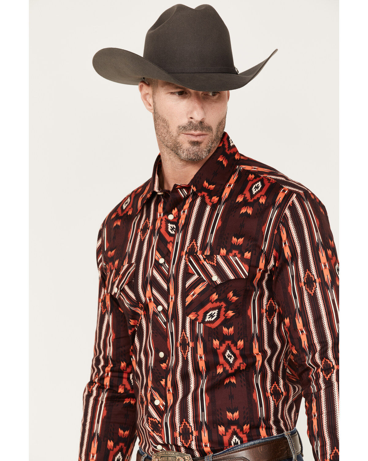 Rock & Roll Denim Men's Southwestern Stripe Stretch Long Sleeve Pearl Snap Shirt