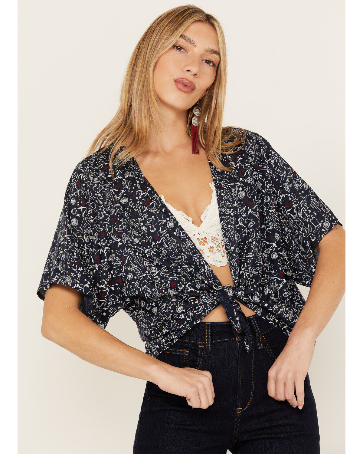 Ariat Women's Howdy Print Short Sleeve Tie Front Wrap