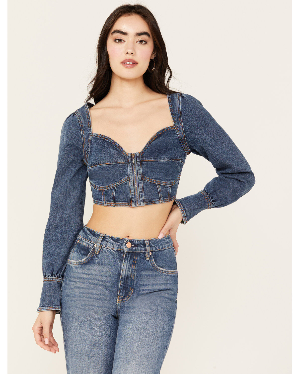 Shyanne Women's Medium Wash Denim Cropped Long Sleeve Corset Top