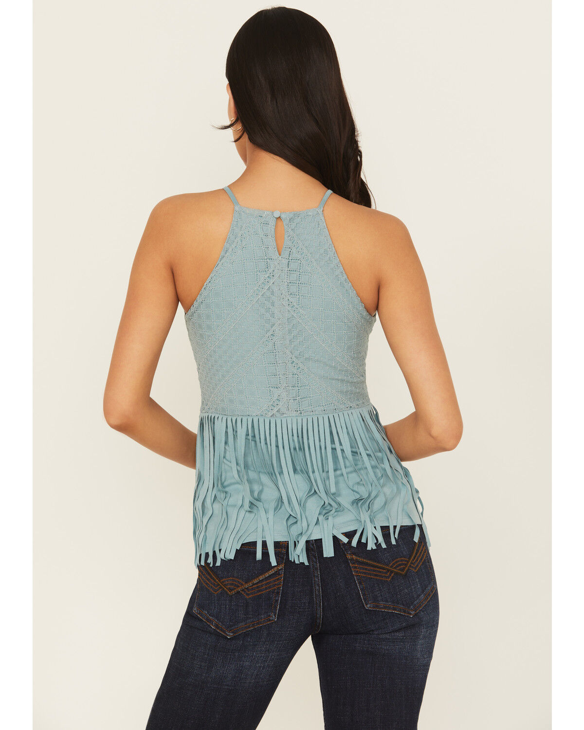 Shyanne Women's Stretch Lace Halter Fringe Tank