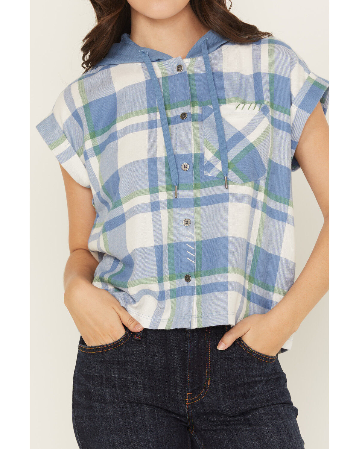 Cleo + Wolf Women's Electra Plaid Print Short Sleeve Button-Down Hooded Shirt