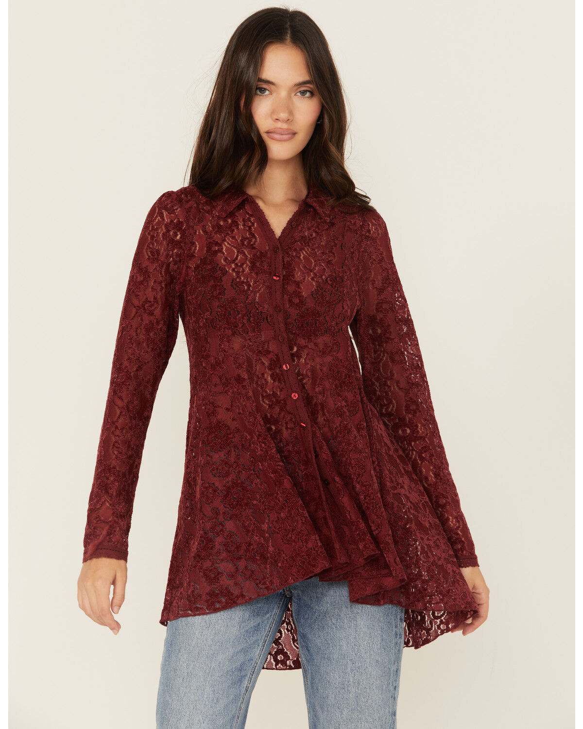 Beyond The Radar Women's Velvet Lace Long Sleeve Tunic