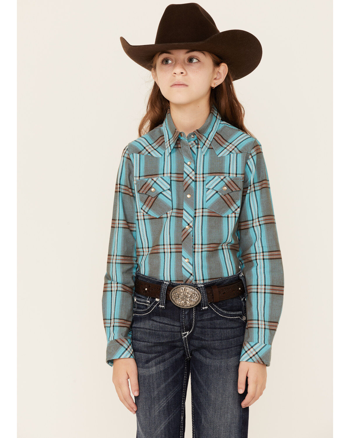 Roper Girls' Plaid Print Long Sleeve Western Shirt