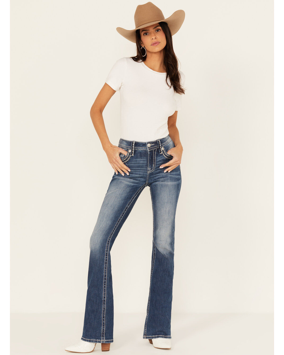 Miss Me Women's Medium Wash Mid Rise Border Stitch Bootcut Stretch Denim Jeans