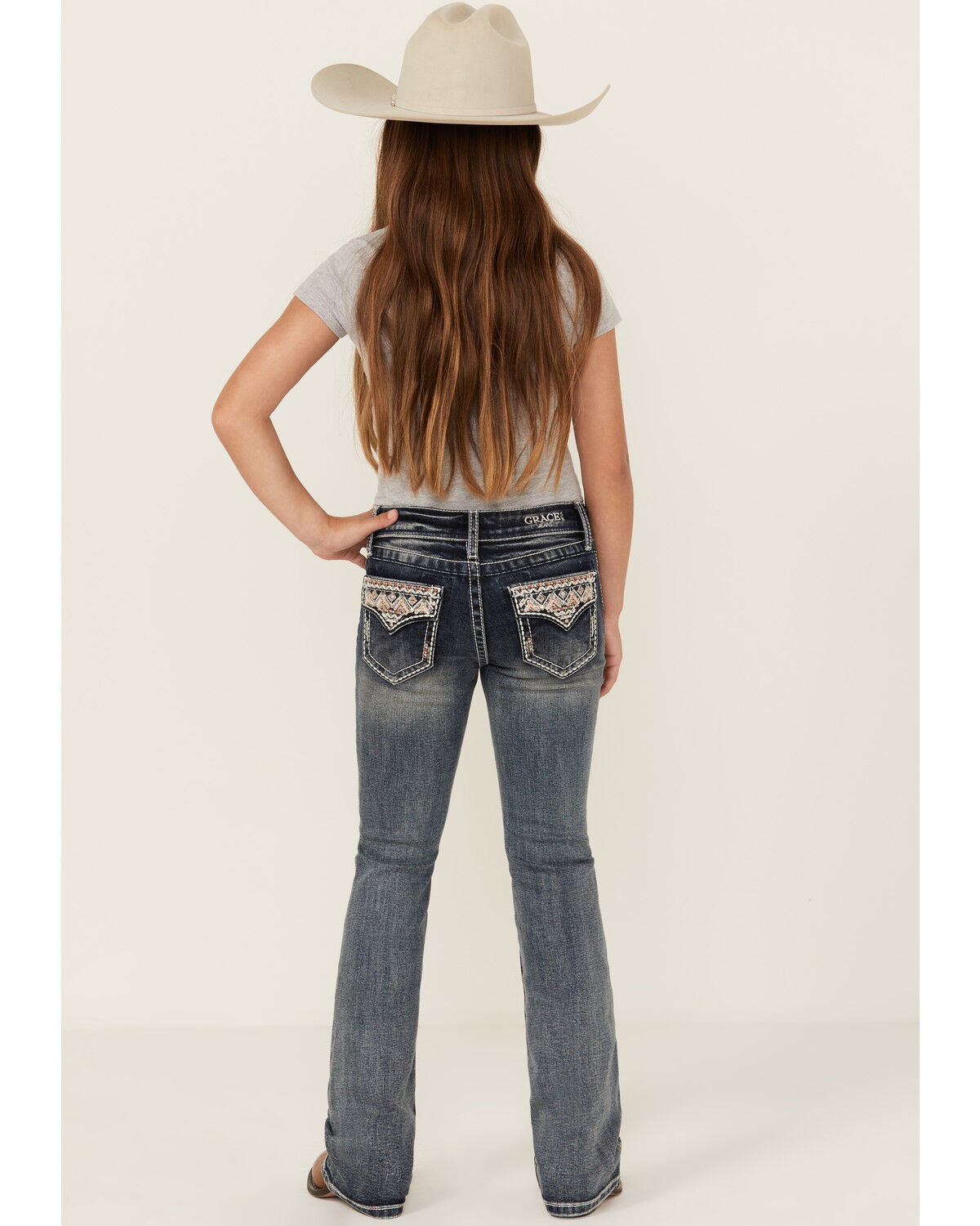Grace in LA Girls' Medium Wash Geo Pocket Bootcut Stretch Denim Jeans