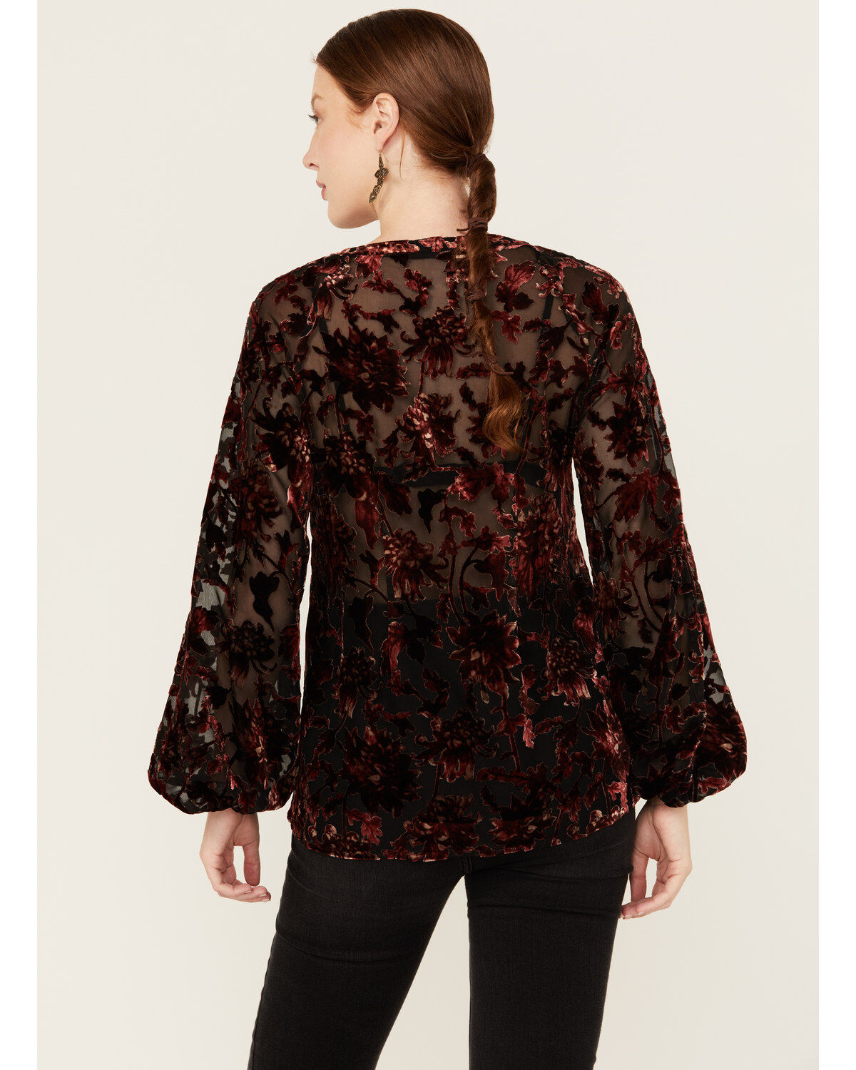 Shyanne Women's Burnout Velvet Peasant Lace-Up Top