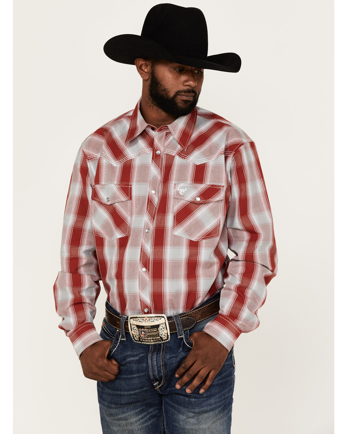 Cowboy Hardware Men's Burgundy Hombre Plaid Long Sleeve Pearl Snap Western Shirt