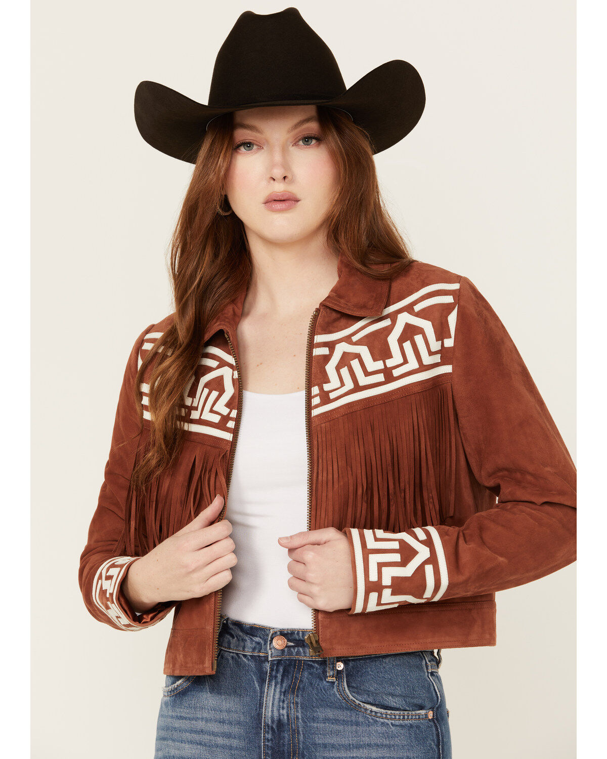 Shyanne Women's Embroidered Fringe Suede Jacket