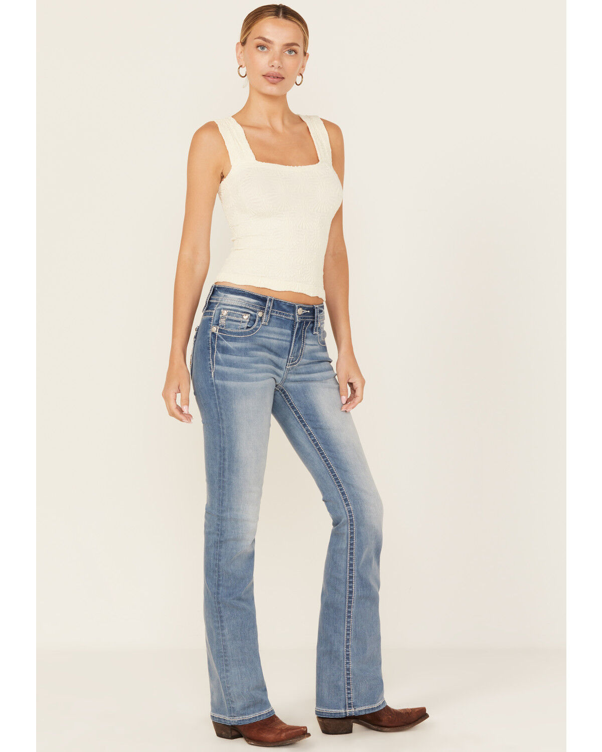 Miss Me Women's Light Wash Mid Rise Butterfly Pocket Bootcut Stretch Denim Jeans