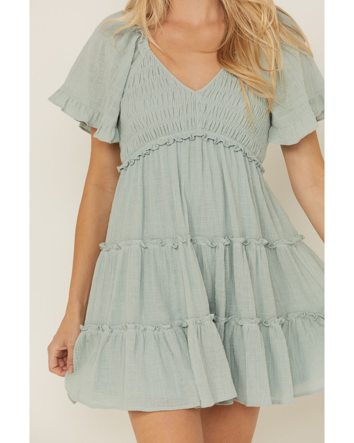 Yura Women's Solid Smocked Short Sleeve Mini Dress